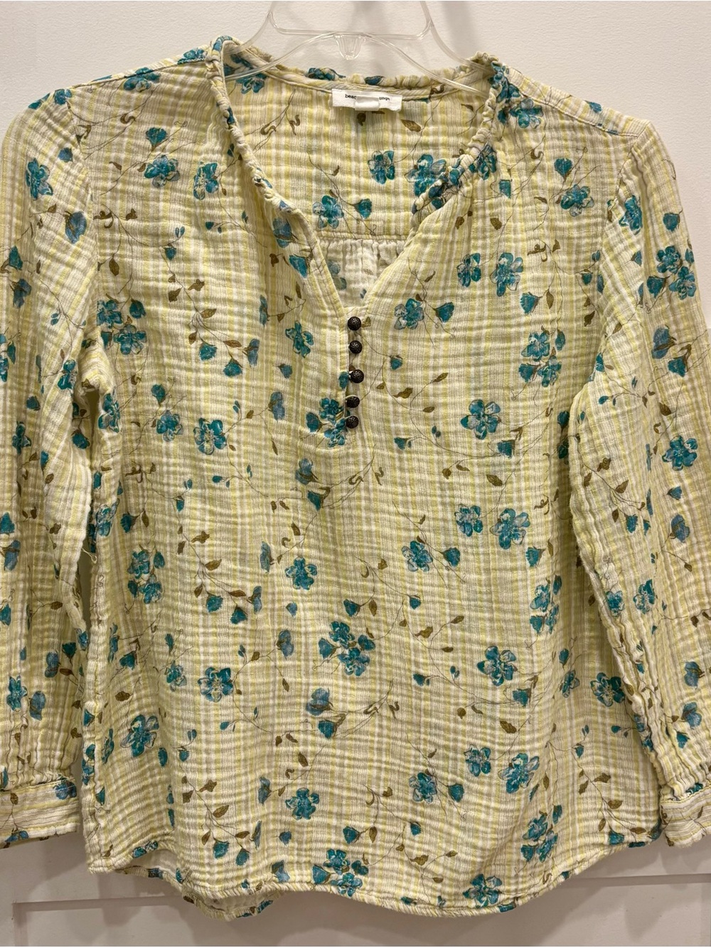 beachlunchlounge Yellow Striped Floral Button Henley Top w/ Blue Flowers